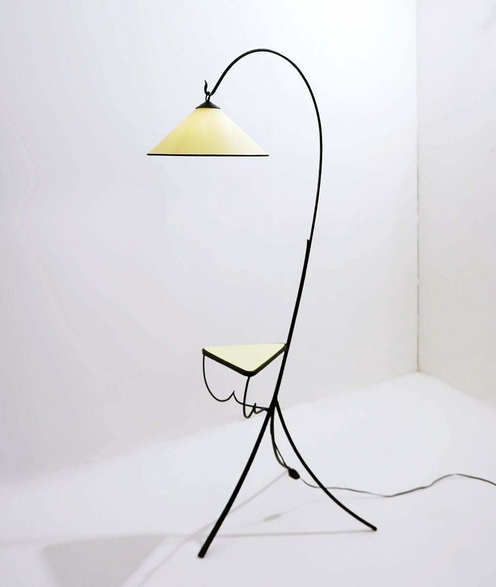 photo furniture Mid Century Wrought Iron Tripod Floor Lamp With Shelf, Italy, 1960s