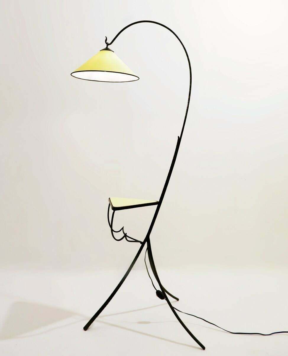 Lighting Mid Century Wrought Iron Tripod Floor Lamp With Shelf, Italy, 1960s photo