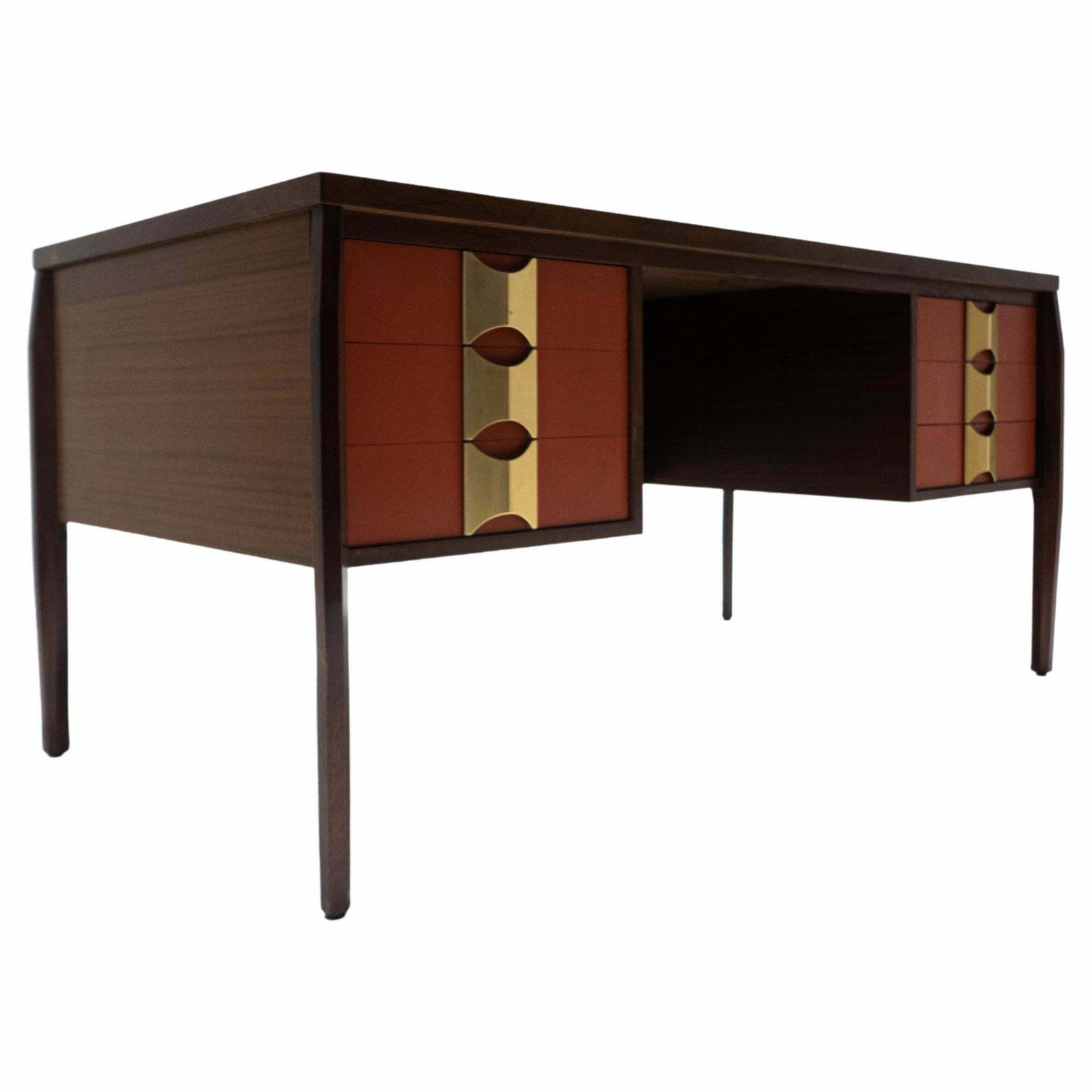 Mid Century Modern Wooden Desk With 6 Drawers, Italy, 1960s