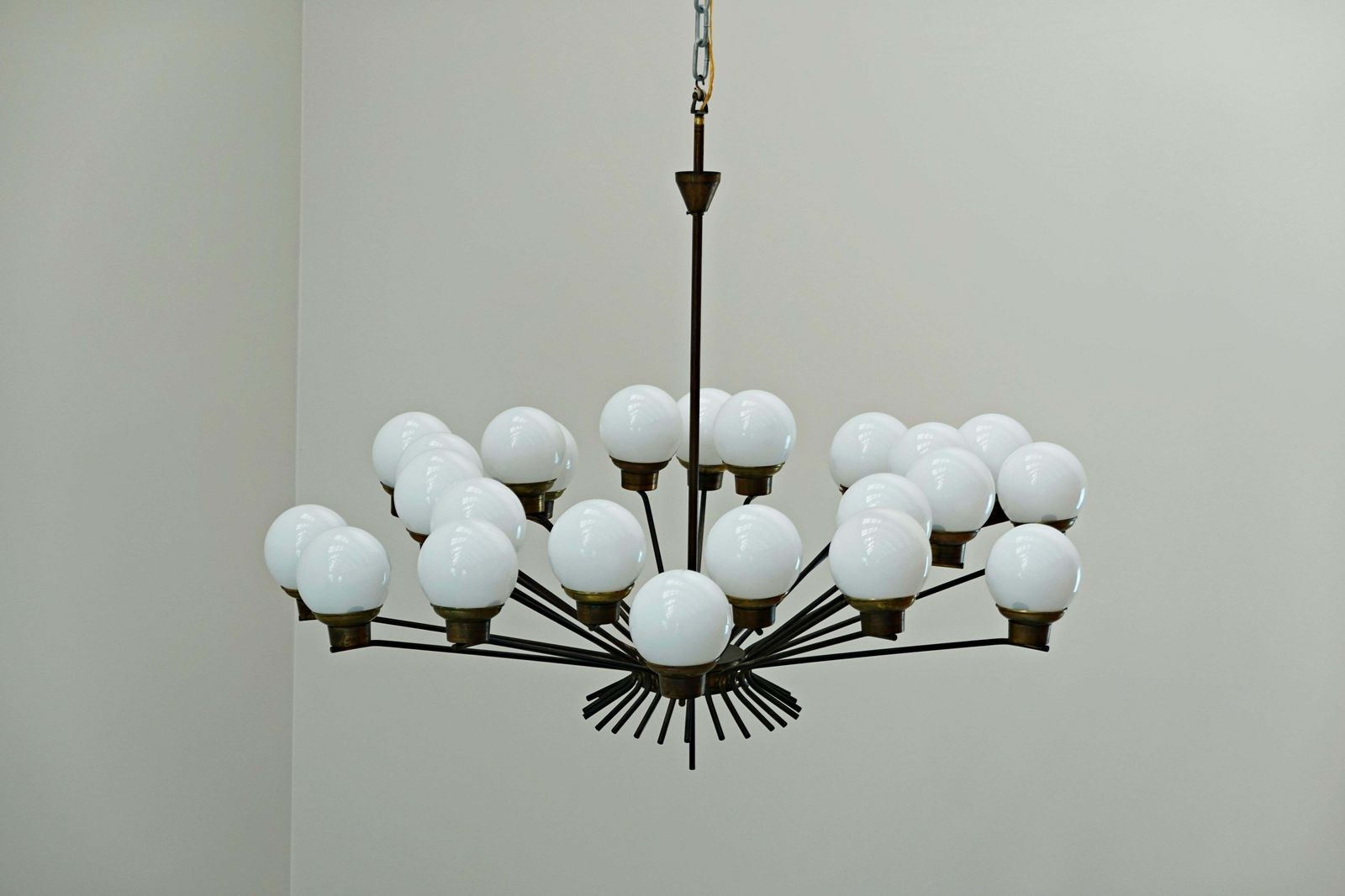 Mid Century Modern Italian Brass And Opaline Chandelier photo for sale