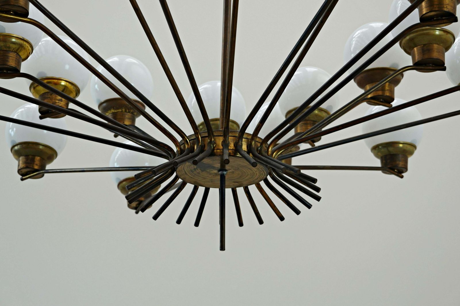 Mid Century Modern Italian Brass And Opaline Chandelier photo vintage