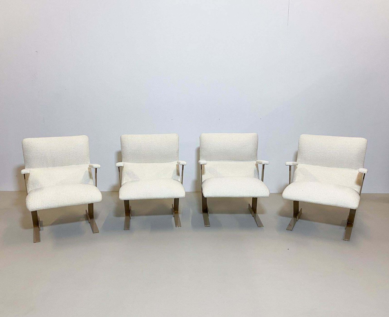 Mid Century Modern Pair Of Italian Armchairs, White Bouclette Fabric, 1970s photo furniture