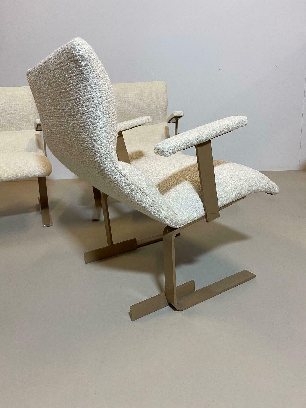 Mid Century Modern Pair Of Italian Armchairs, White Bouclette Fabric, 1970s photo 3503.0