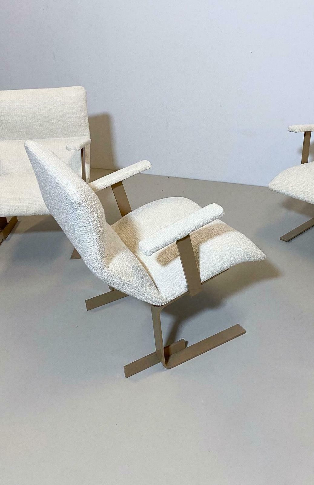 Mid Century Modern Pair Of Italian Armchairs, White Bouclette Fabric, 1970s photo buy