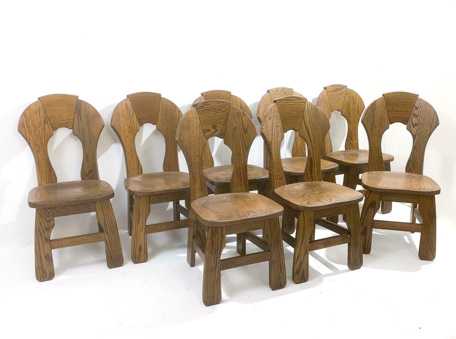 Mid Century Modern Set Of 8 Brutalist Wooden Chairs, Belgium, 1970s photo vintage