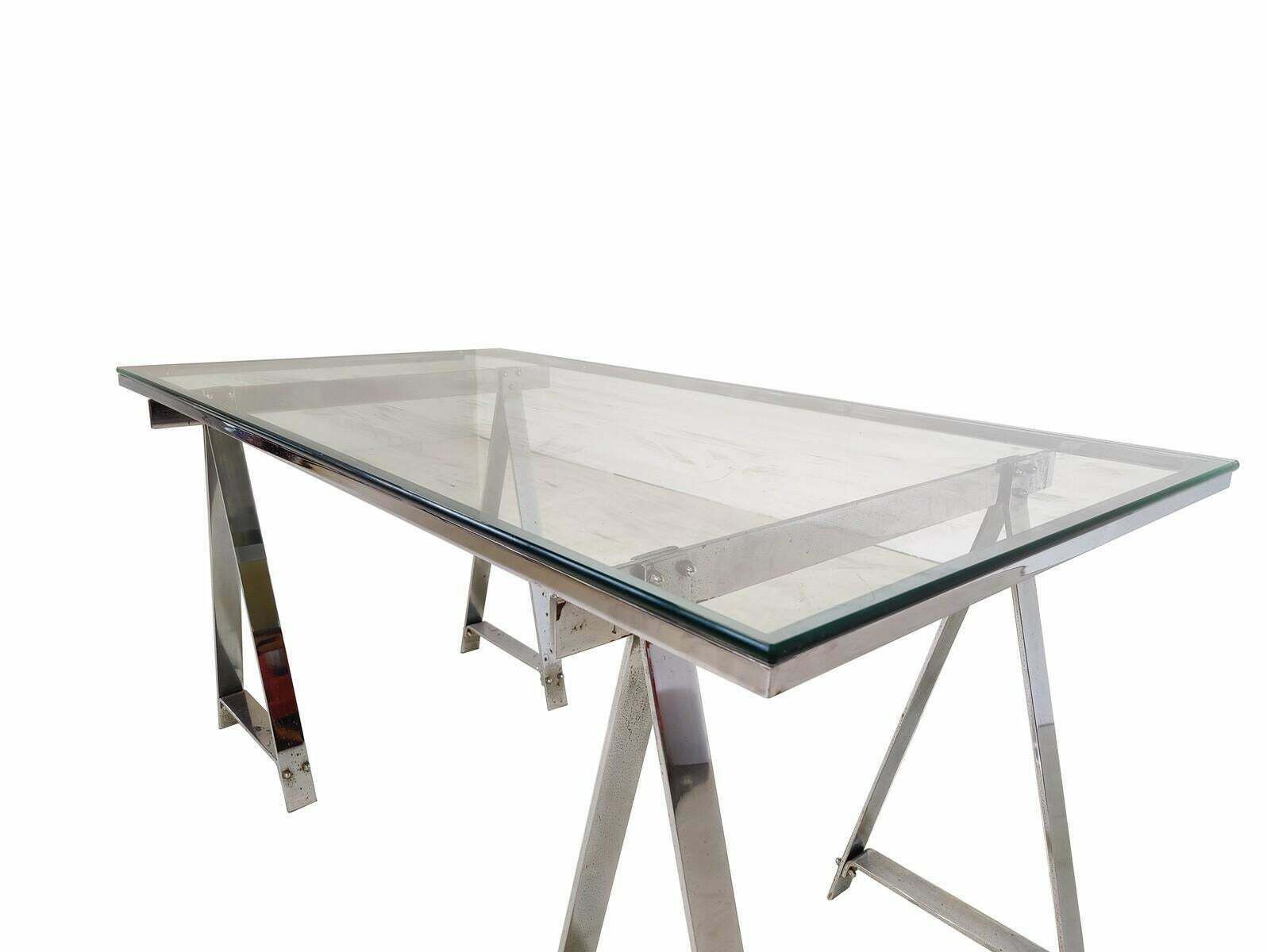 Mid Century Modern Dining Table/Desk, Chrome And Glass, Italy, 1970s photo 2866.0