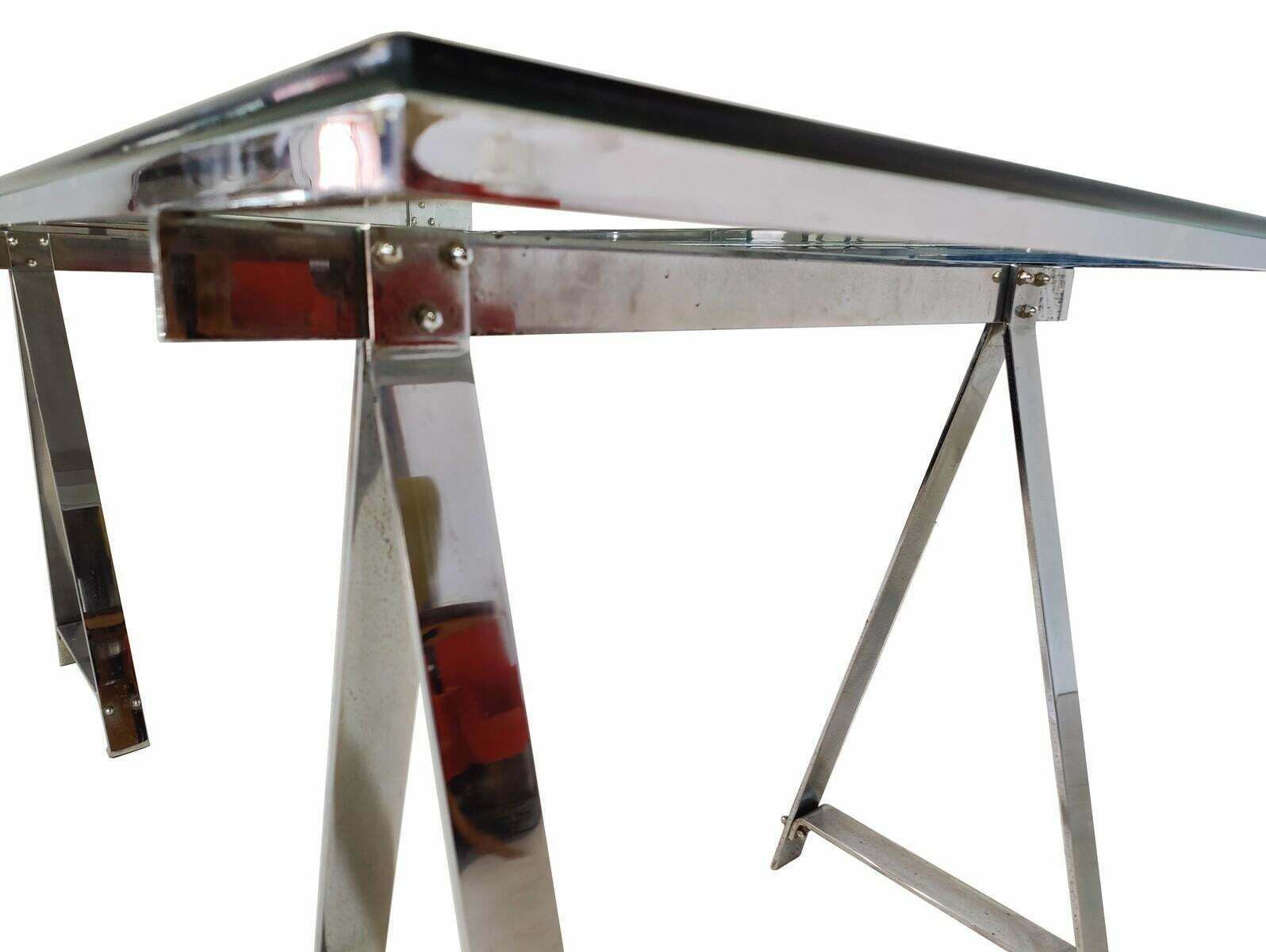 Mid Century Modern Dining Table/Desk, Chrome And Glass, Italy, 1970s photo vinterior