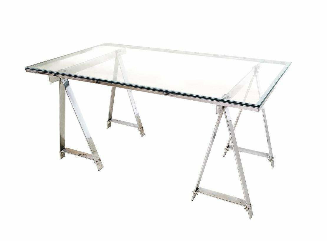 Furniture Mid Century Modern Dining Table/Desk, Chrome And Glass, Italy, 1970s photo