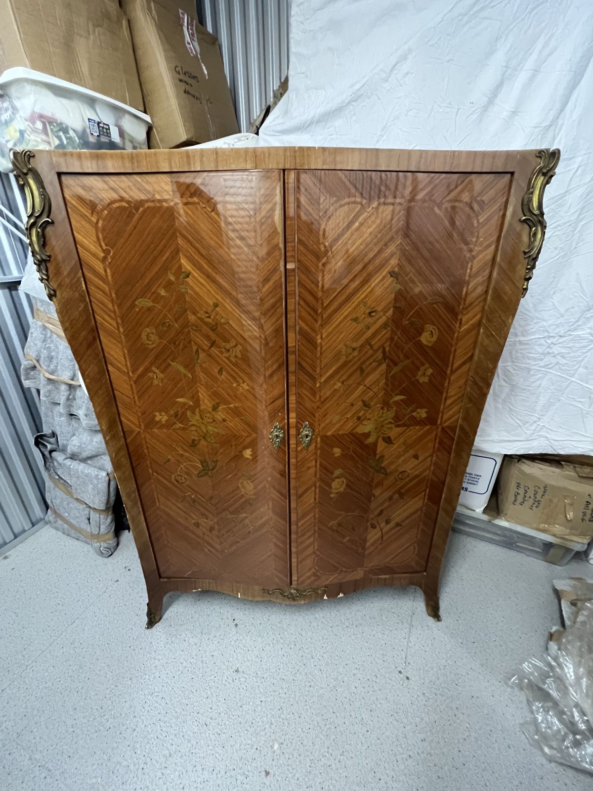 Louis XV Style Marquetry Armoire, Satin Lace Crosshatchbanding Veneer, Marble Top, 2 Doors, Roses Inlay.