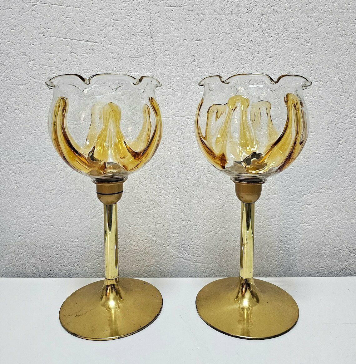 Pair Of Mid Century Modern Brass Table Lamps By Mazzega With Beautiful Murano Glass Floral Shades // Made In Italy In 1960s photo furniture