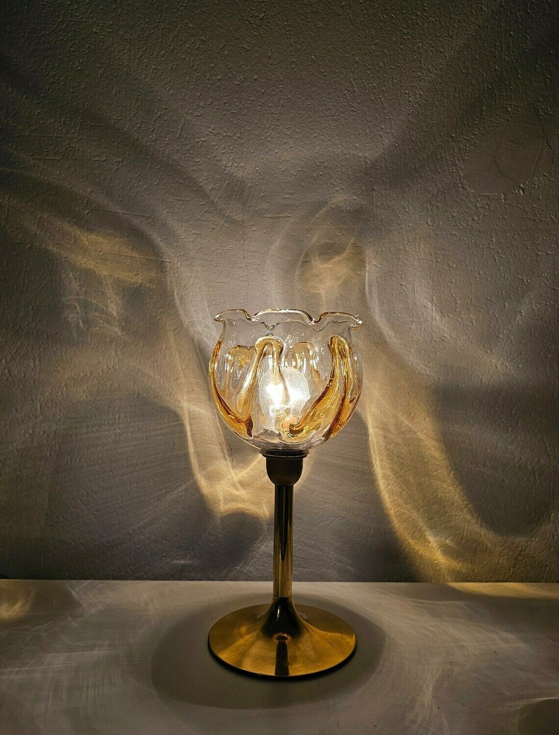 Pair Of Mid Century Modern Brass Table Lamps By Mazzega With Beautiful Murano Glass Floral Shades // Made In Italy In 1960s photo buy