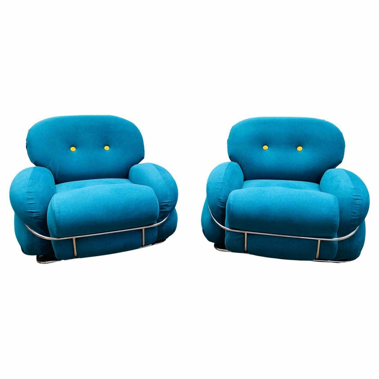 Pair Of Bleu And Yellow Armchairs In The Style Of Sesann, Italy, 1960s