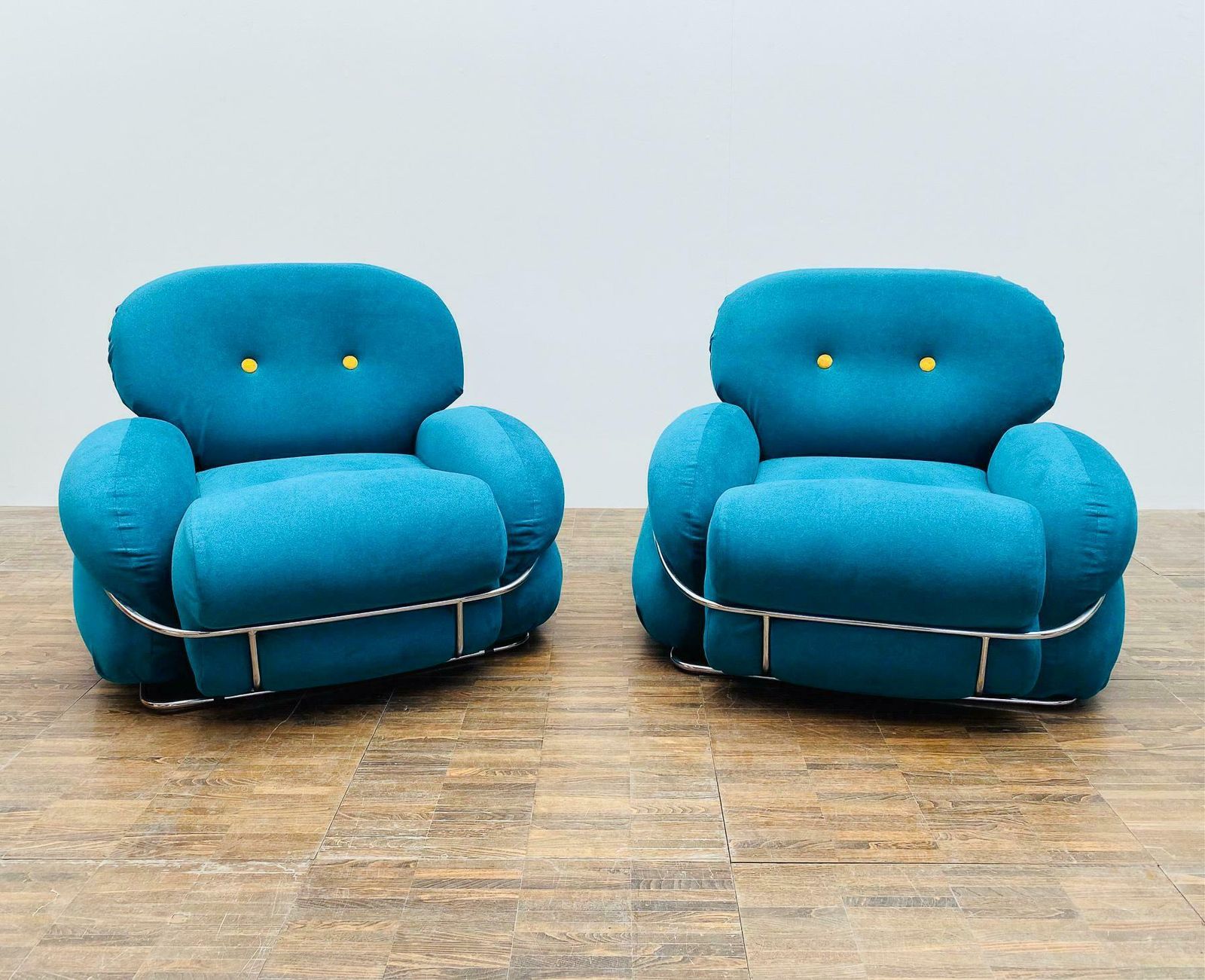 Pair Of Bleu And Yellow Armchairs In The Style Of Sesann, Italy, 1960s photo furniture
