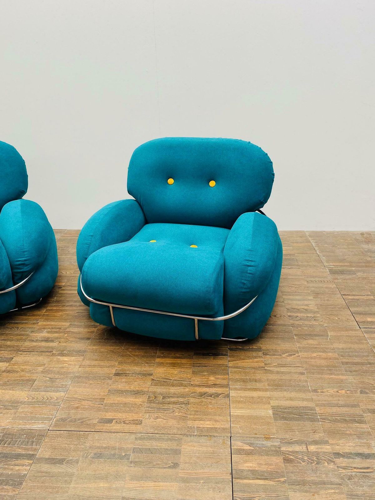 Pair Of Bleu And Yellow Armchairs In The Style Of Sesann, Italy, 1960s photo for sale
