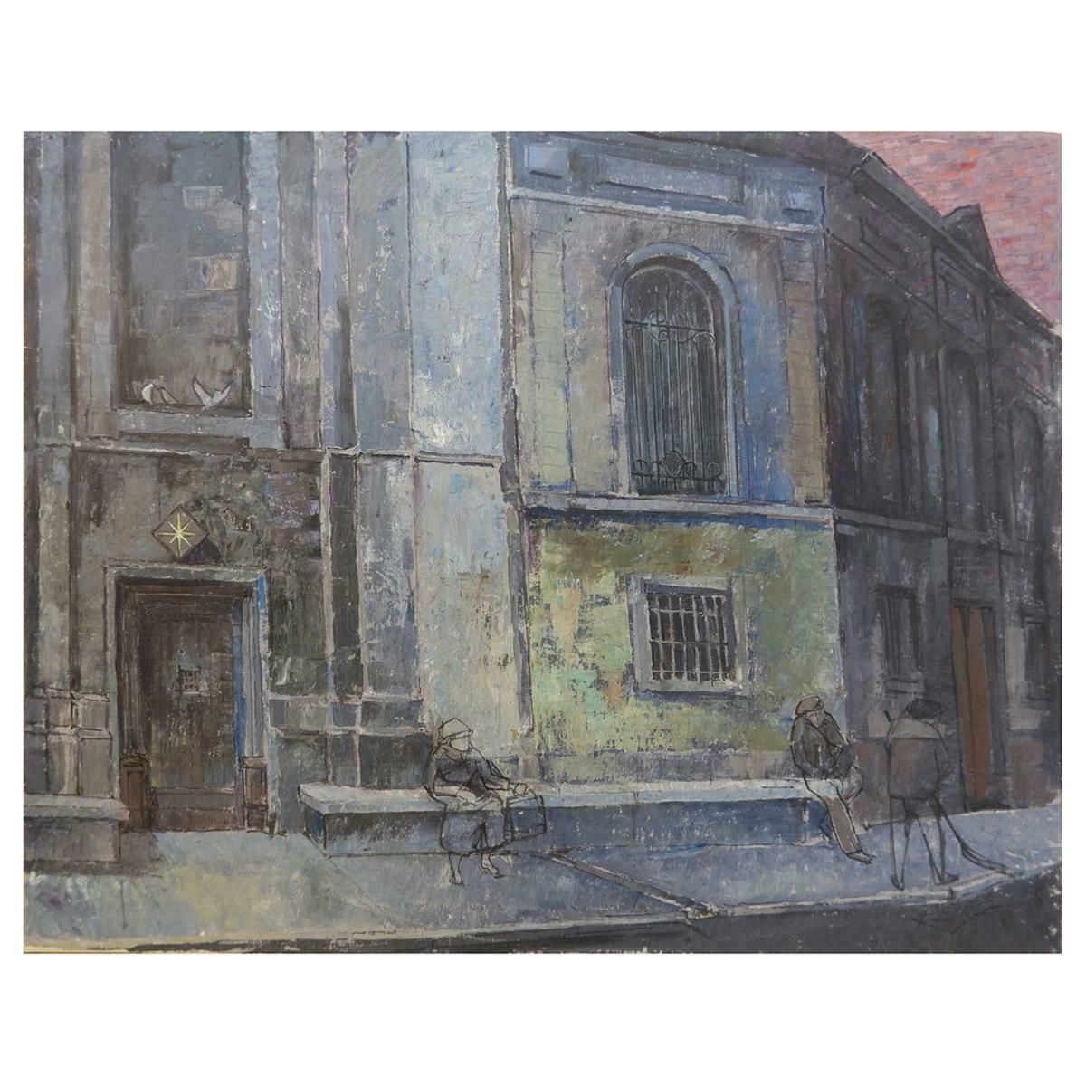 Brussels Street Scene Painting On Canvas, Victor Petré, Belgium, Circa 1960