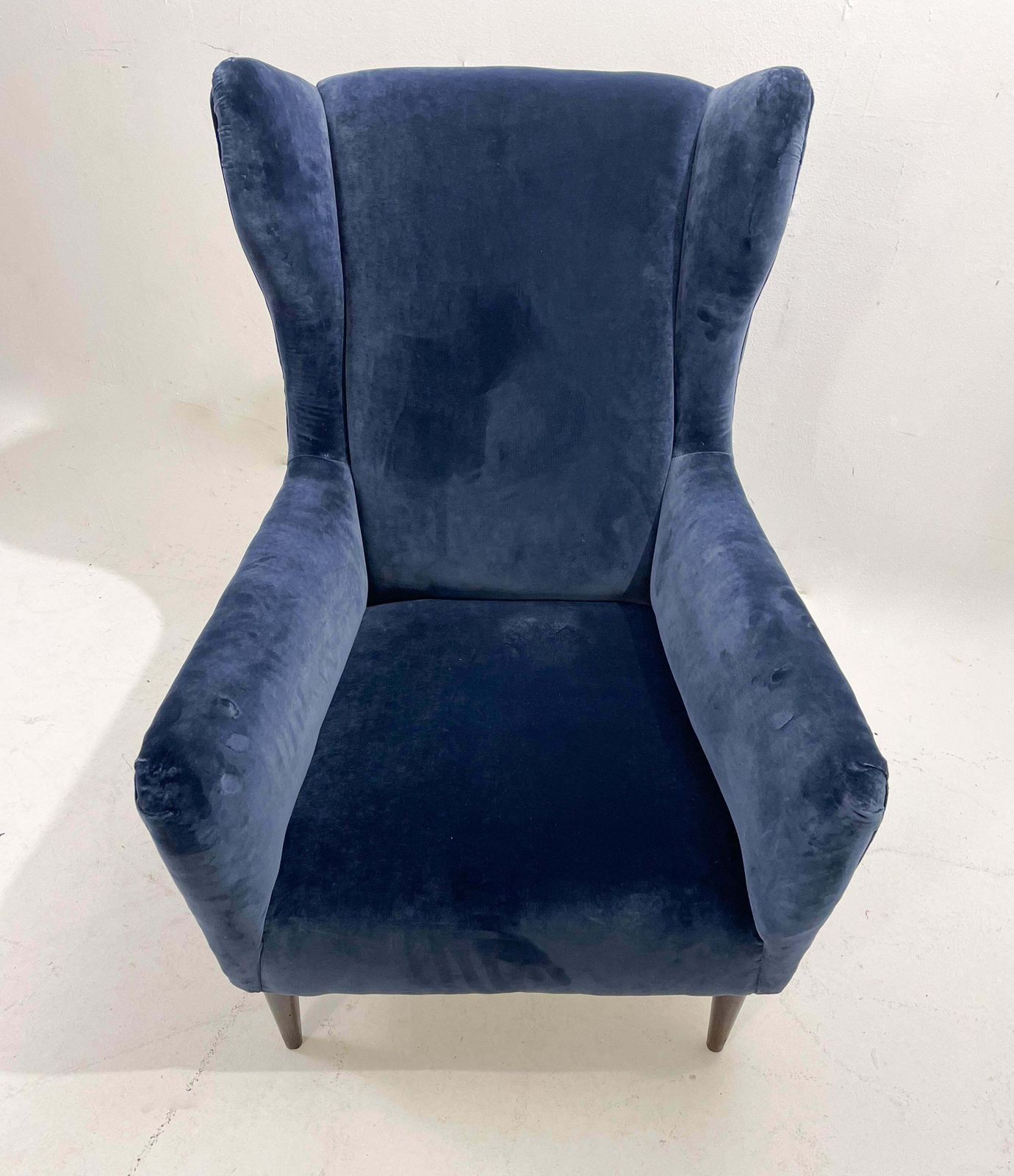 Mid Century Modern Pair Of Italian Armchairs, Blue Velvet, 1950s