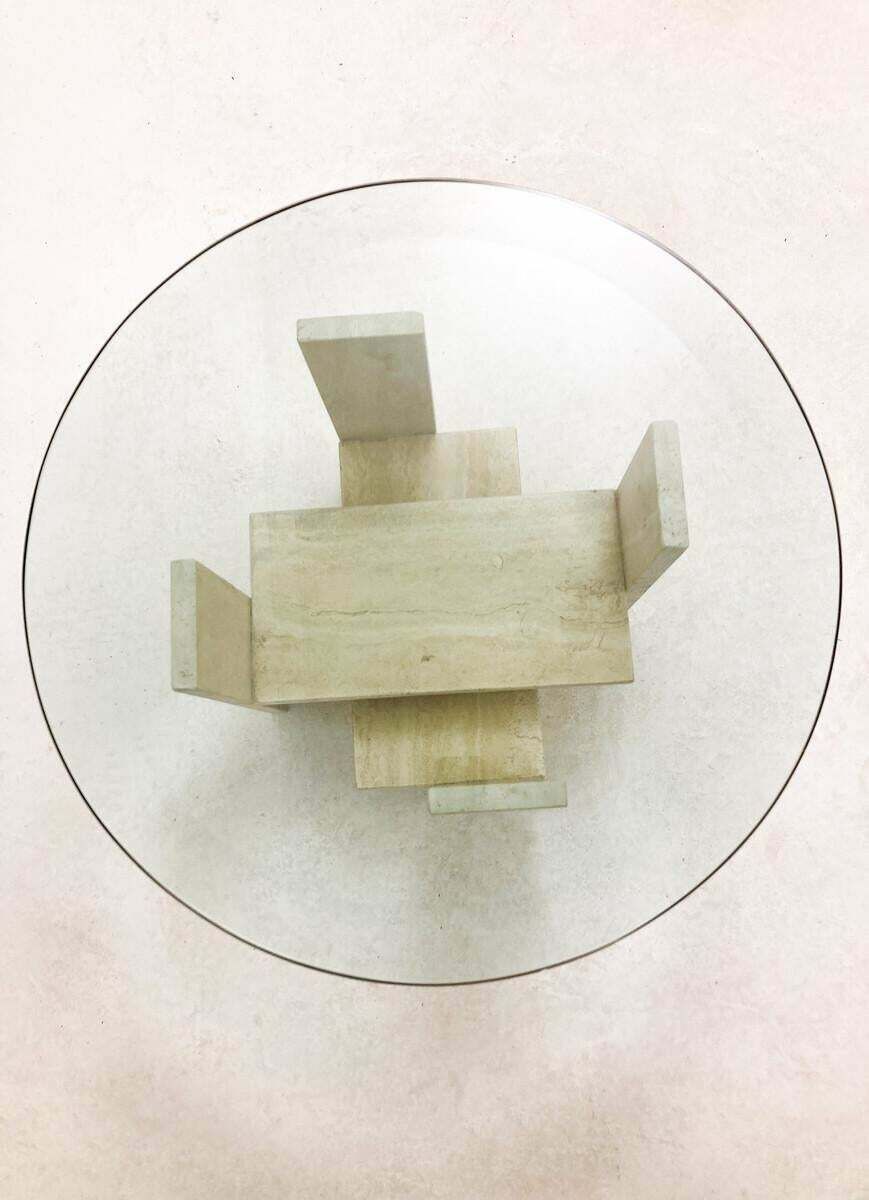 Mid Century Modern Glass And Travertine Coffee Table By Willy Ballez, 1970s photo for sale