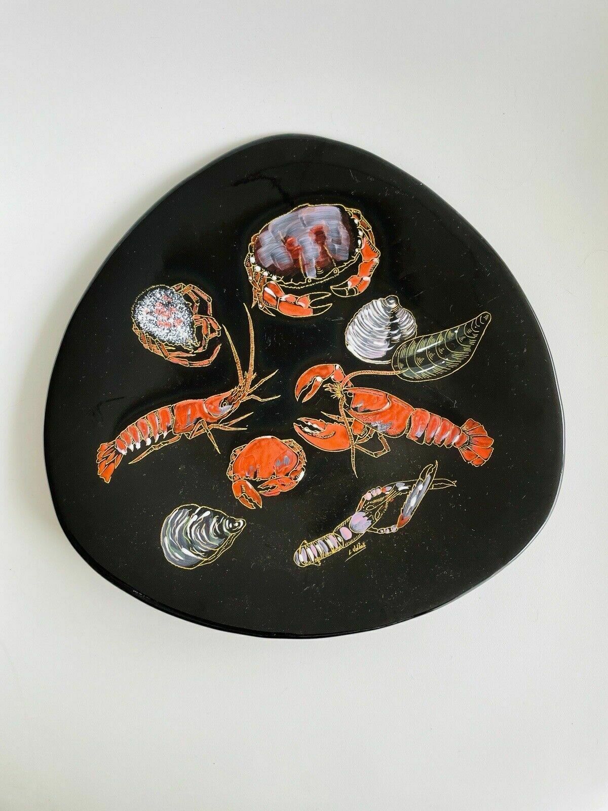 Longwy French Enamel Plate With Hand Painted Crustaceans L Valenti Numbered 3522 photo 50.0