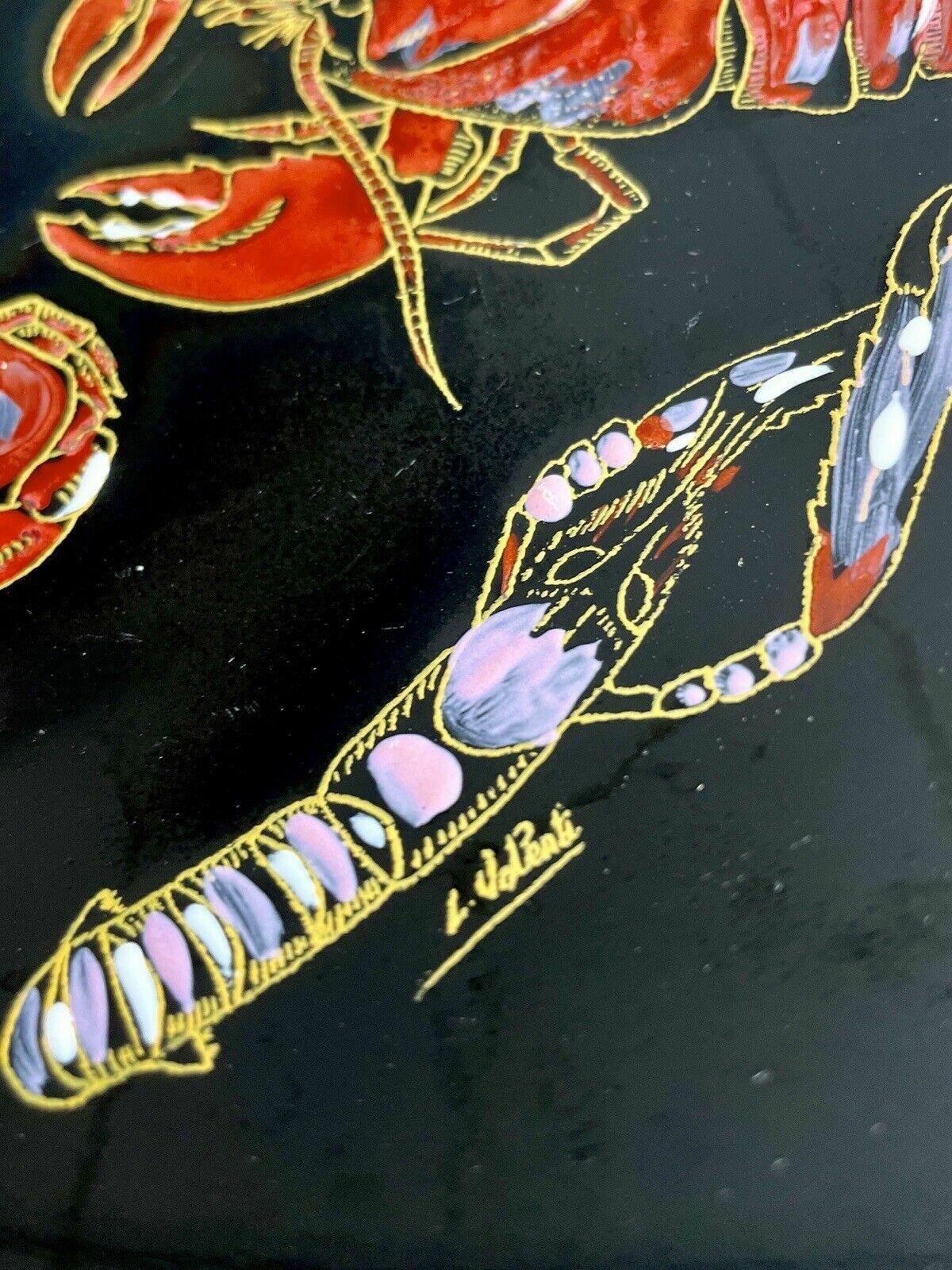 Longwy French Enamel Plate With Hand Painted Crustaceans L Valenti Numbered 3522 photo vintage