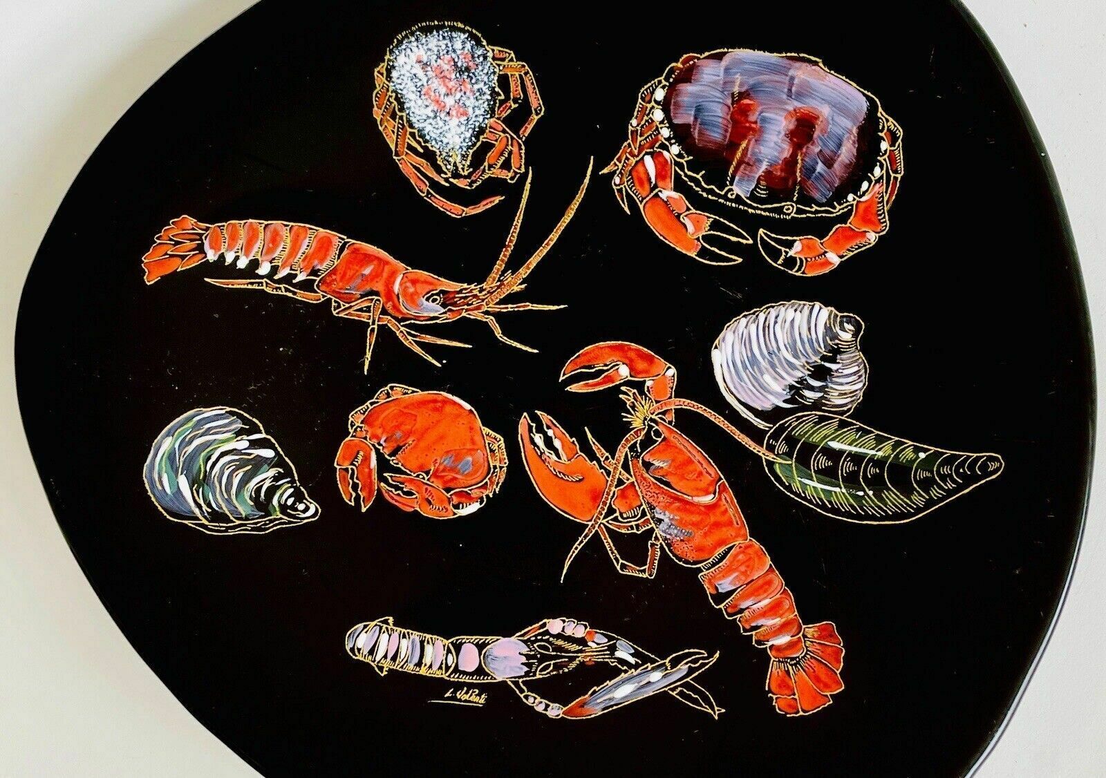 photo furniture Longwy French Enamel Plate With Hand Painted Crustaceans L Valenti Numbered 3522