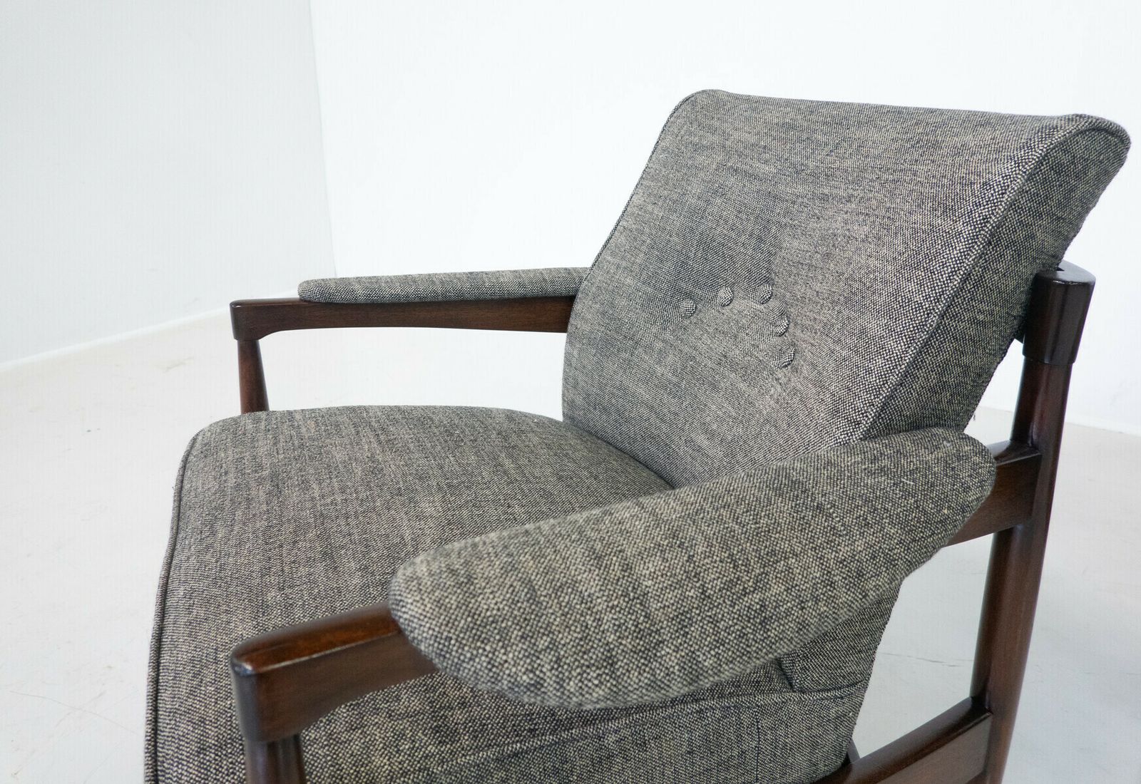 Mid Century Modern Pair Of Armchairs Wood And Grey Fabric Italy 1960s New Upholstery photo vintage