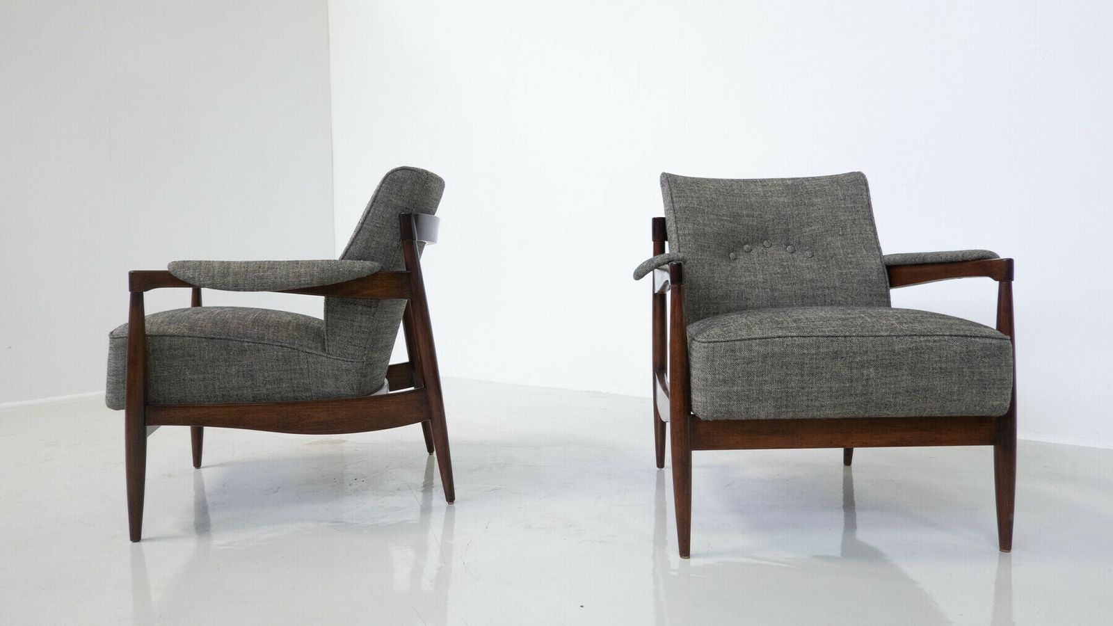 photo furniture Mid Century Modern Pair Of Armchairs Wood And Grey Fabric Italy 1960s New Upholstery