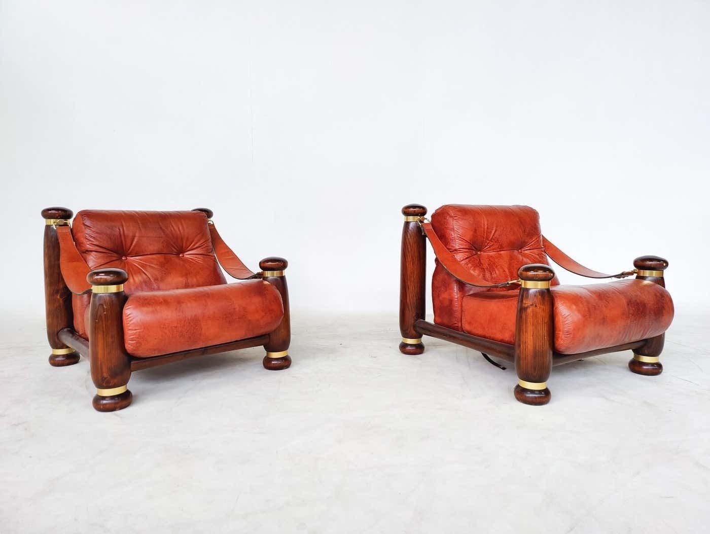 5564.0 Mid Century Modern Seating Set, Leather And Wood, Italy, 1970s, Original Leather photo