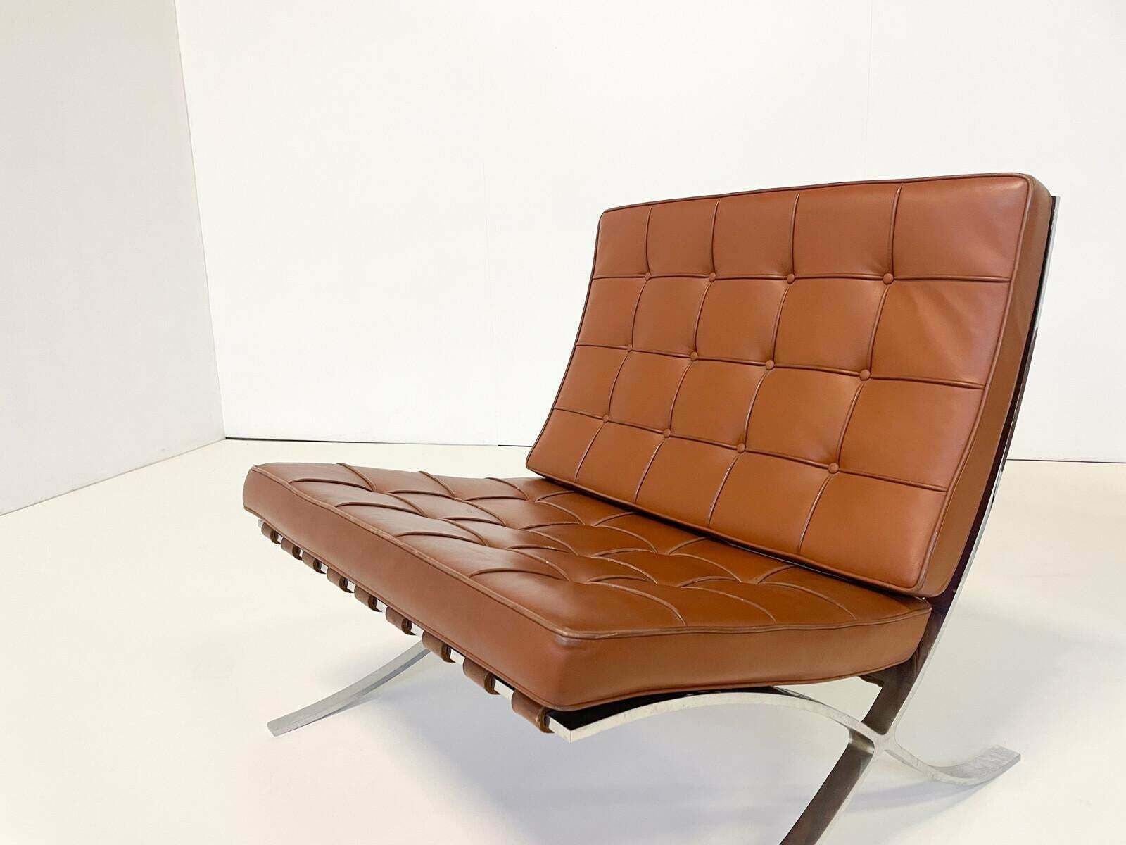 Pair Of Brown Leather Barcelona Chairs By Mies Van Der Rohe For Knoll photo for sale