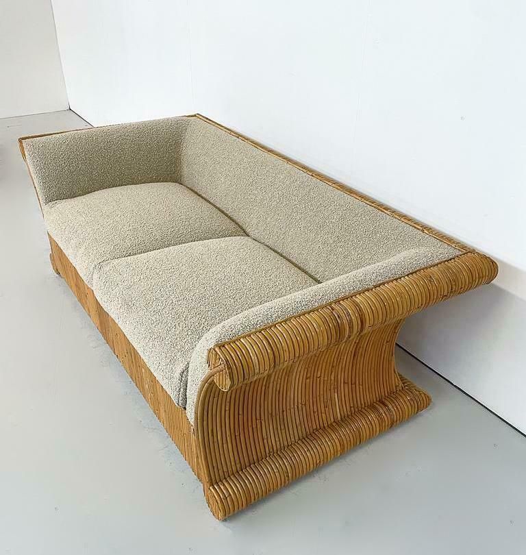 Mid Century Modern Rattan Two Seater, Beige Boucle Fabric, Italy, 1960s photo for sale