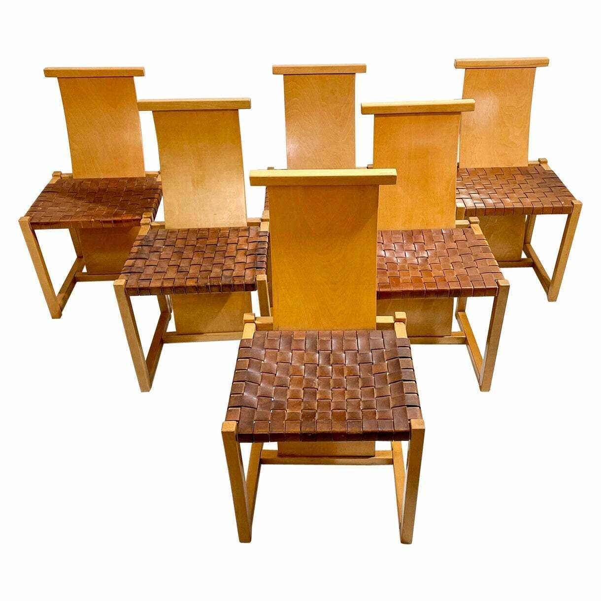 Mid Century Modern Set Of 6 Wood And Leather Chairs, Italy, 1950s