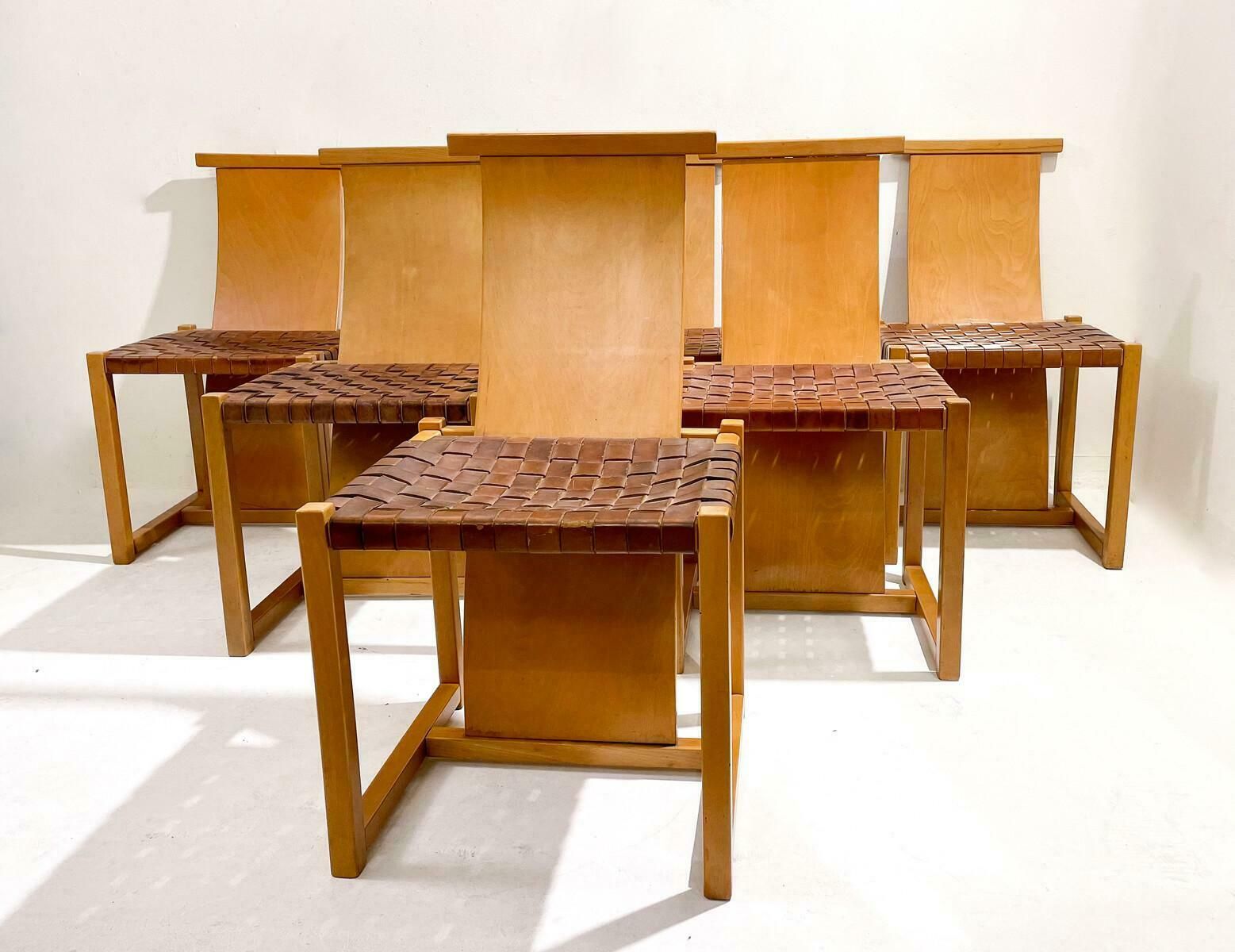 Mid Century Modern Set Of 6 Wood And Leather Chairs, Italy, 1950s photo for sale