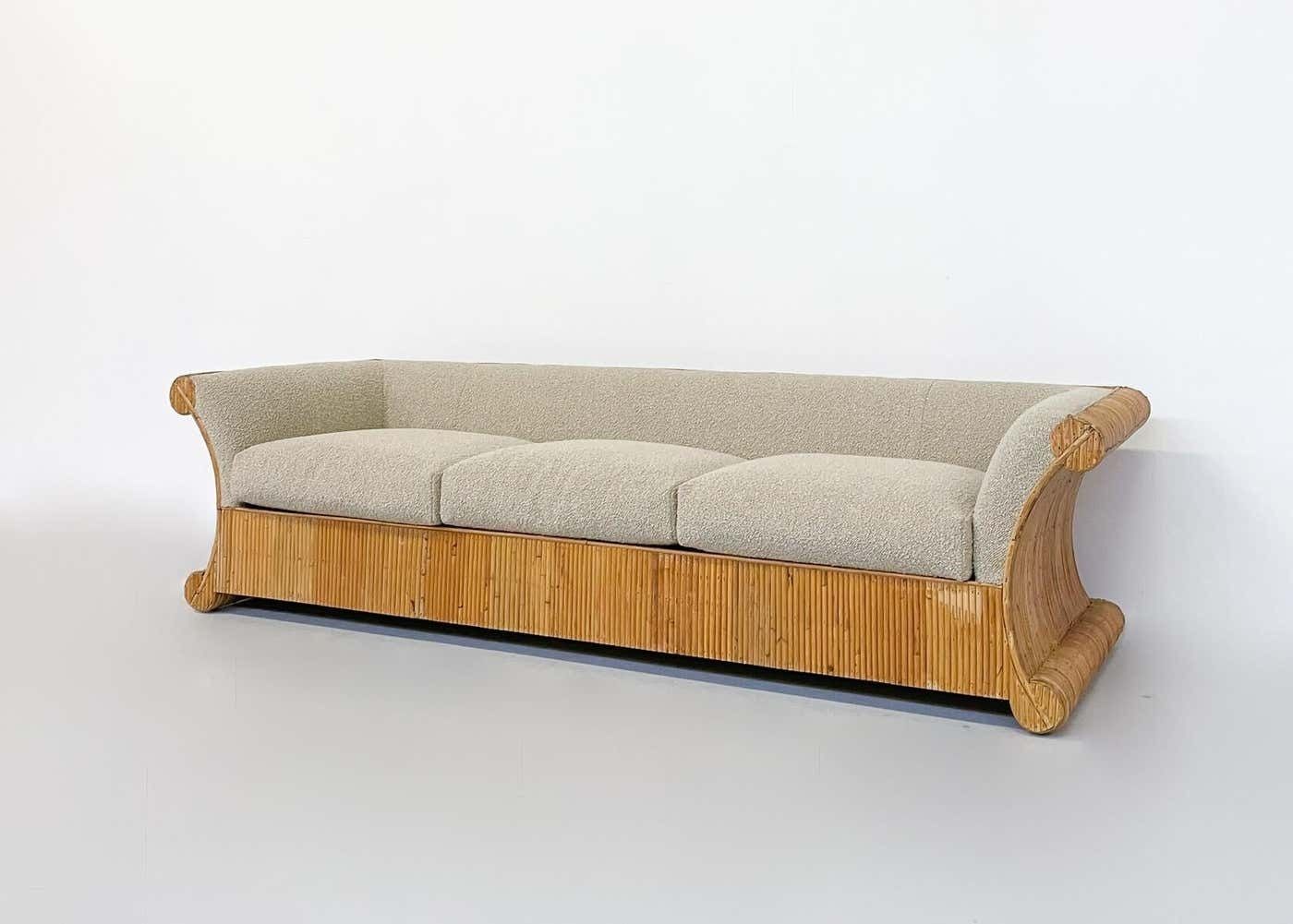 Mid Century Modern Rattan Three Seater, Beige Boucle Fabric, Italy, 1960s photo furniture