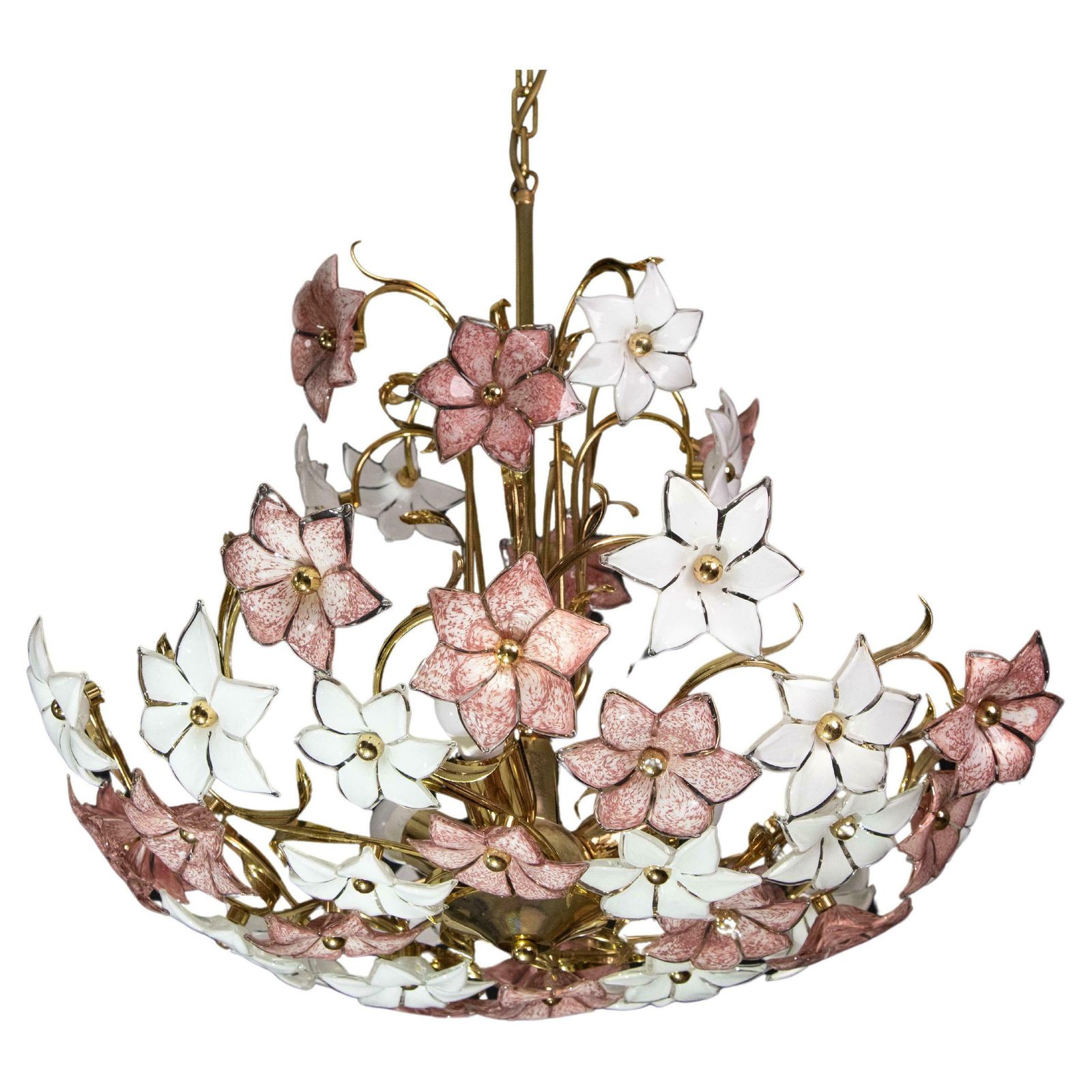 Spectacular Murano Chandelier Full Of Pink And White Flowers, 1980s