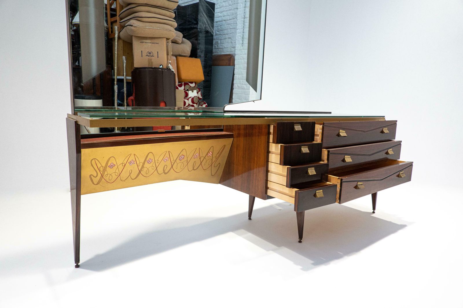 photo furniture Mid Century Modern Italian Wooden Dressing Table With Lightning Mirror, 1960s