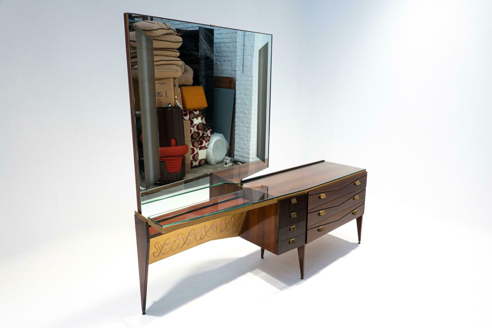 photo vinterior Mid Century Modern Italian Wooden Dressing Table With Lightning Mirror, 1960s