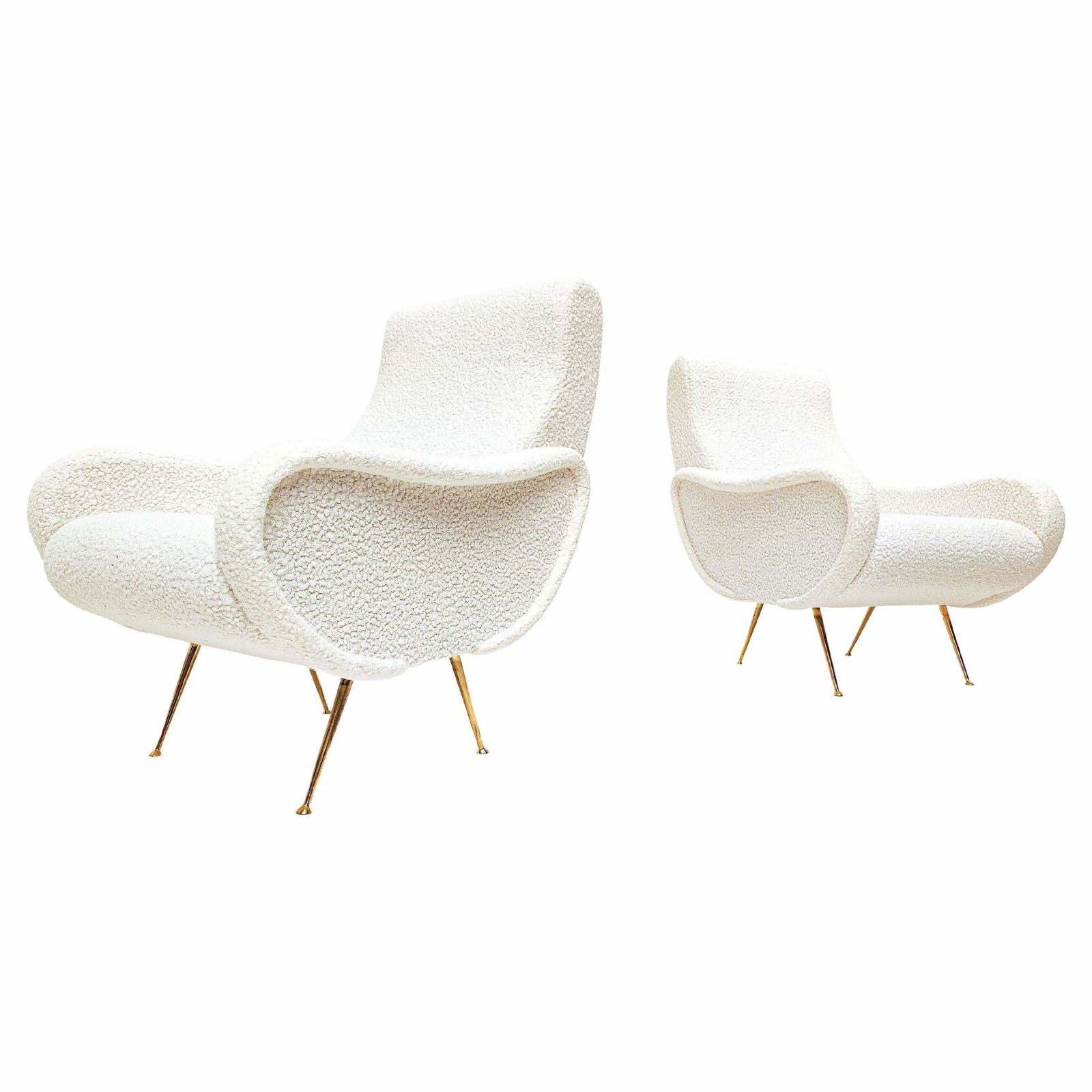 Mid Century Modern Italian Pair Of Armchairs, White Boucle Fabric, 1950s