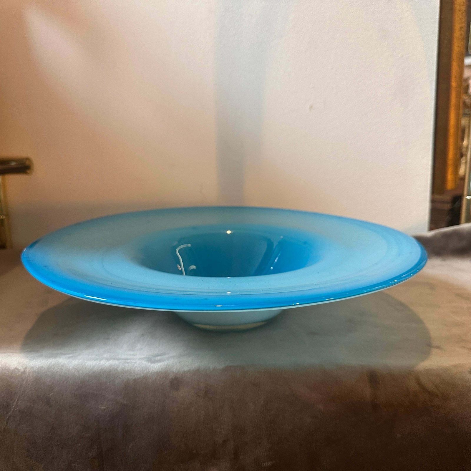 1980s Modern Turquoise And White Murano Glass Round Centerpiece photo furniture