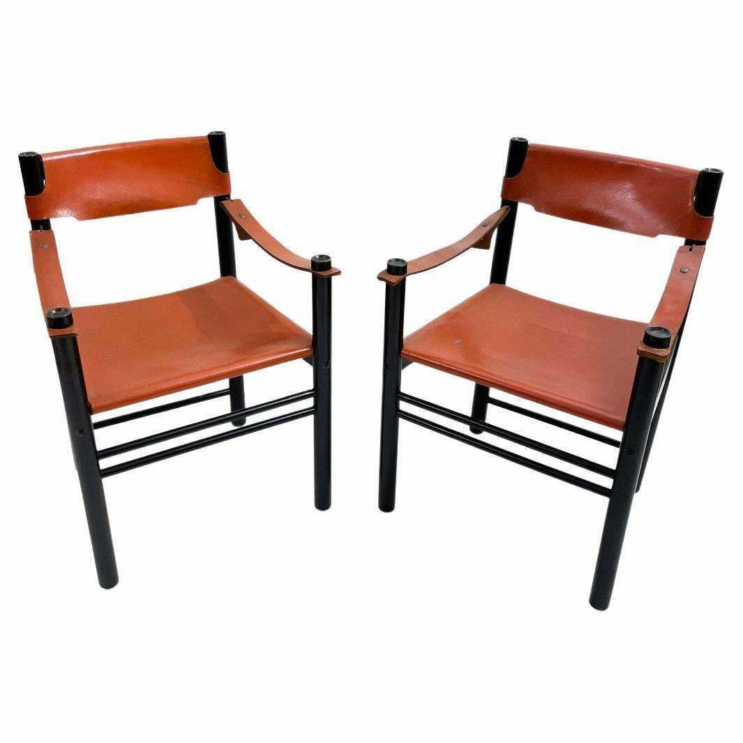 Mid Century Modern Pair Of Armchairs By Ibisco Sedie, Leather A