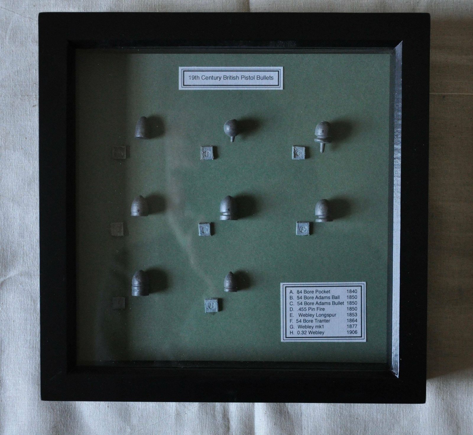 19th Century British Pistol Cast Lead Bullets In Display Frame