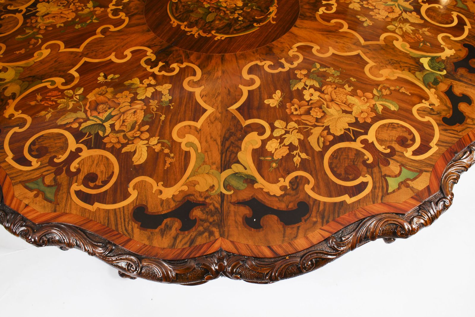photo for sale Antique 4ft 6" Diam Burr Walnut Marquetry Dining / Center Table C1860 19th C