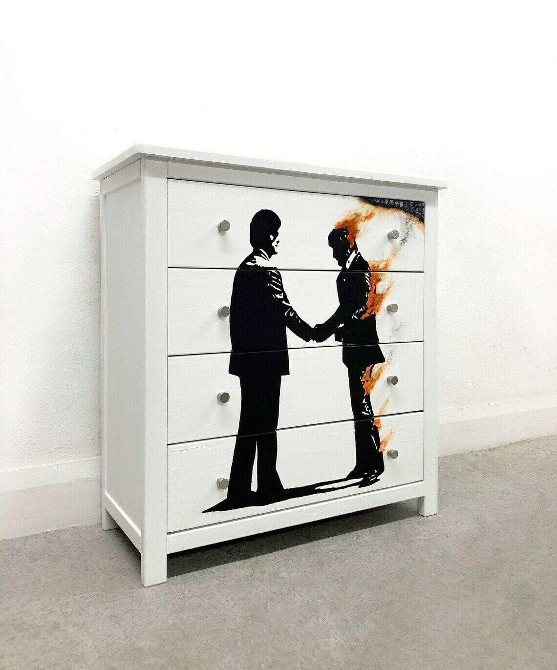 Chest Of 4 Drawers  Pink Floyd  Wish You Were Here  Art On Wood  Bedroom Furniture  White Chest Of Drawers  Hand Painted Drawers photo Furniture