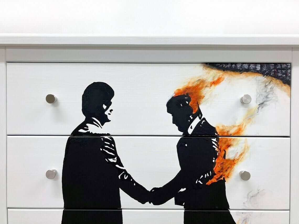 Chest Of 4 Drawers  Pink Floyd  Wish You Were Here  Art On Wood  Bedroom Furniture  White Chest Of Drawers  Hand Painted Drawers photo 525.0