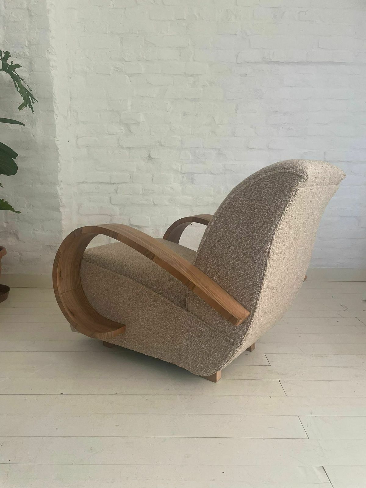 2629.0 Art Deco Armchair With Wooden Arm And Curly Taupe Fabric photo
