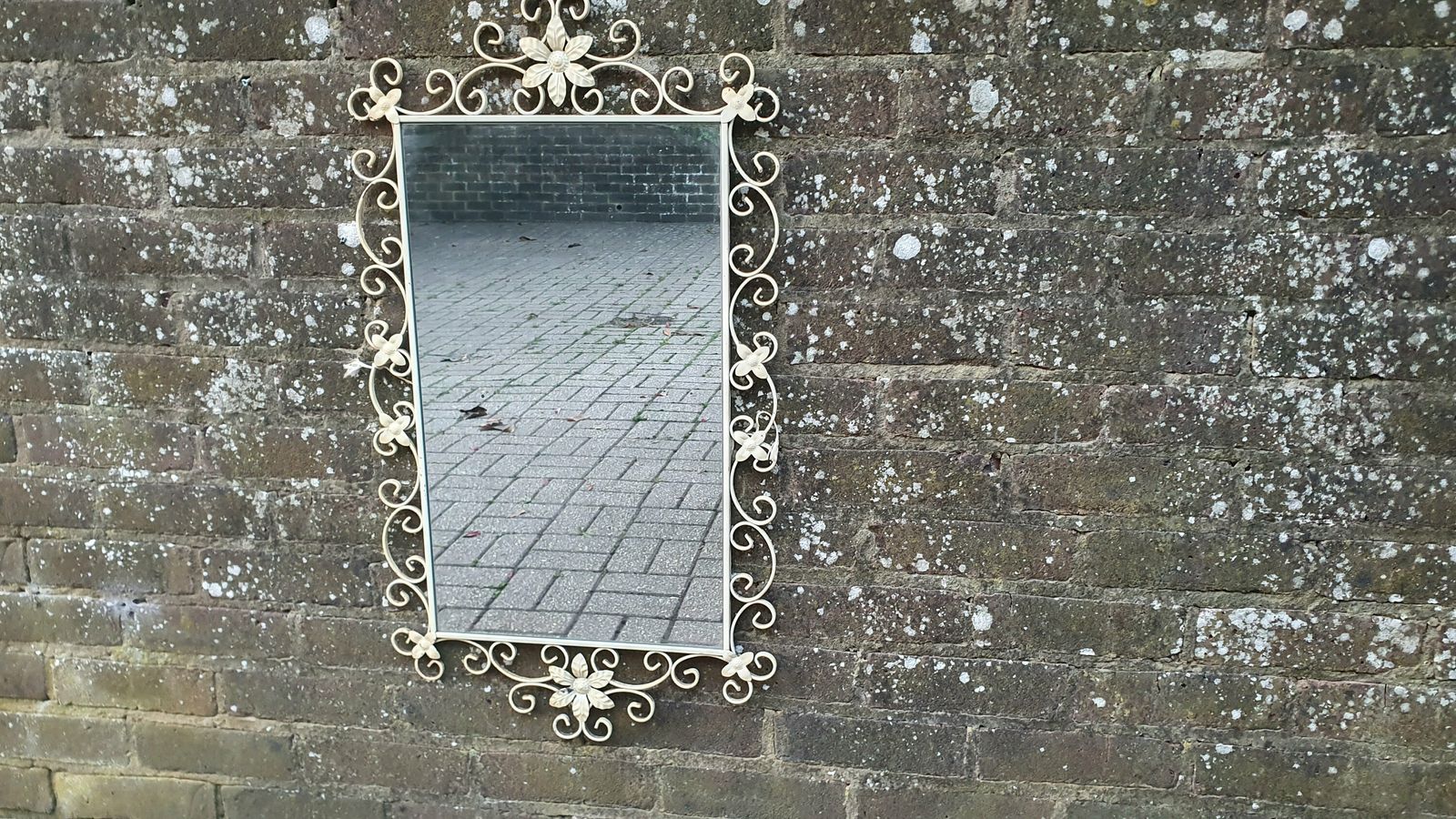 Large Classic 60’s Retro Large Metal Painted Cream Mirror. Flower Motif. 60’s Chic 81 X 45 Cm