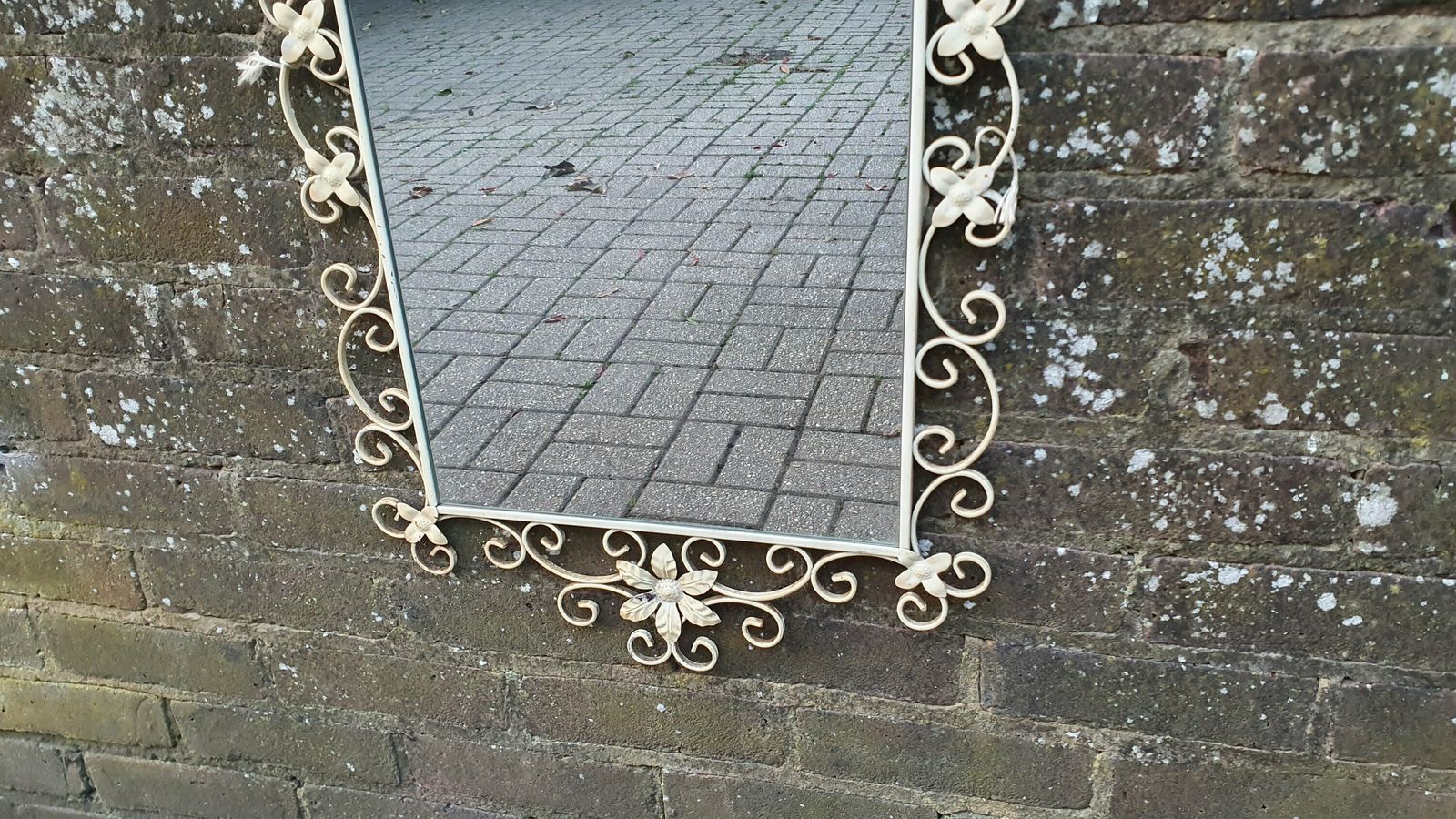 Large Classic 60’s Retro Large Metal Painted Cream Mirror. Flower Motif. 60’s Chic 81 X 45 Cm photo for sale