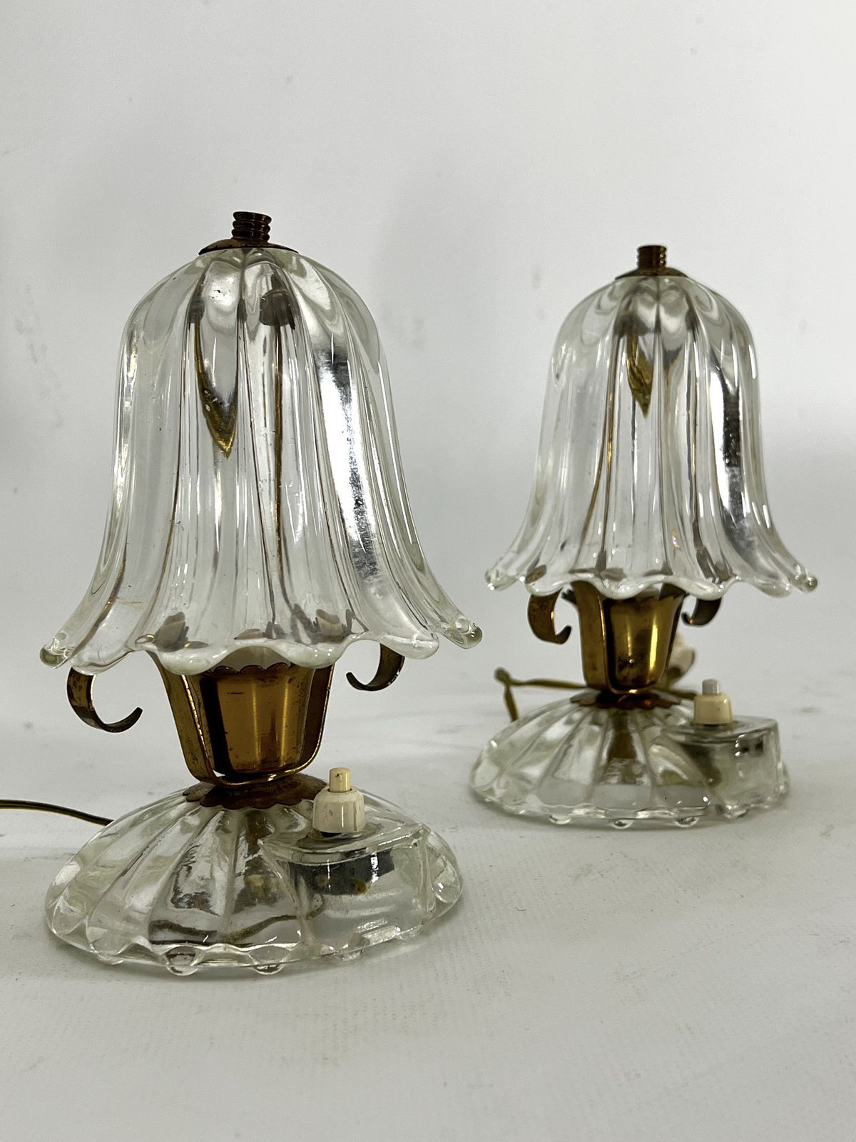 Mid Century Pair Of Ercole Barovier Murano Glass And Brass Table Lamps. 1940s