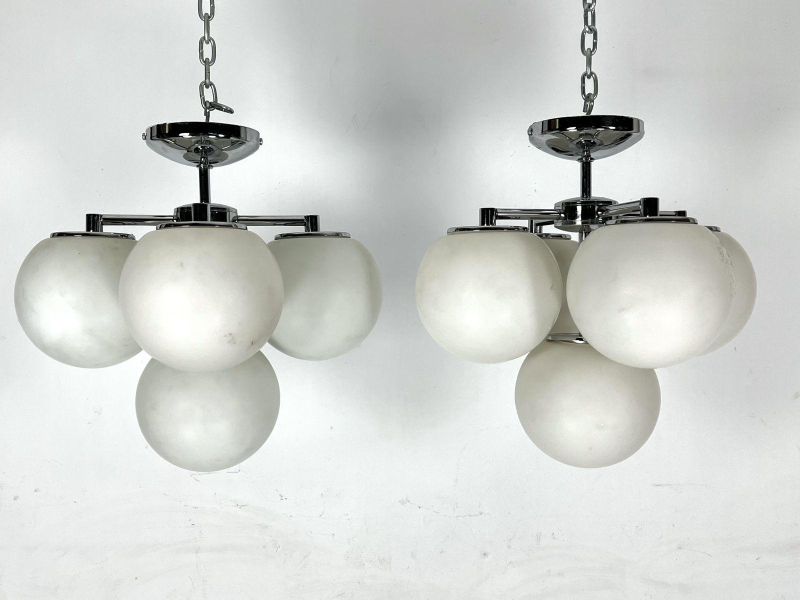 Space Age Style, Vintage Pair Of Ceiling Lamps In Chrome And Opaline Glass. Italy 1980s