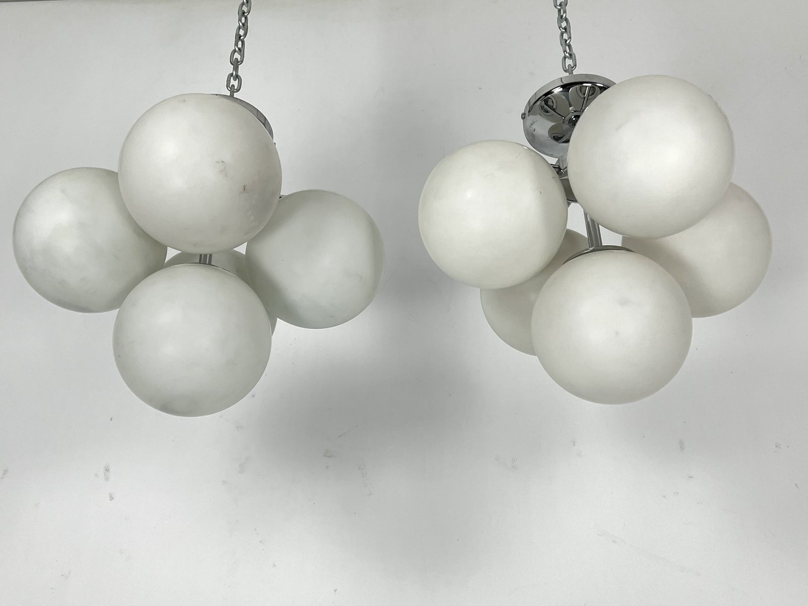Space Age Style, Vintage Pair Of Ceiling Lamps In Chrome And Opaline Glass. Italy 1980s photo Lighting
