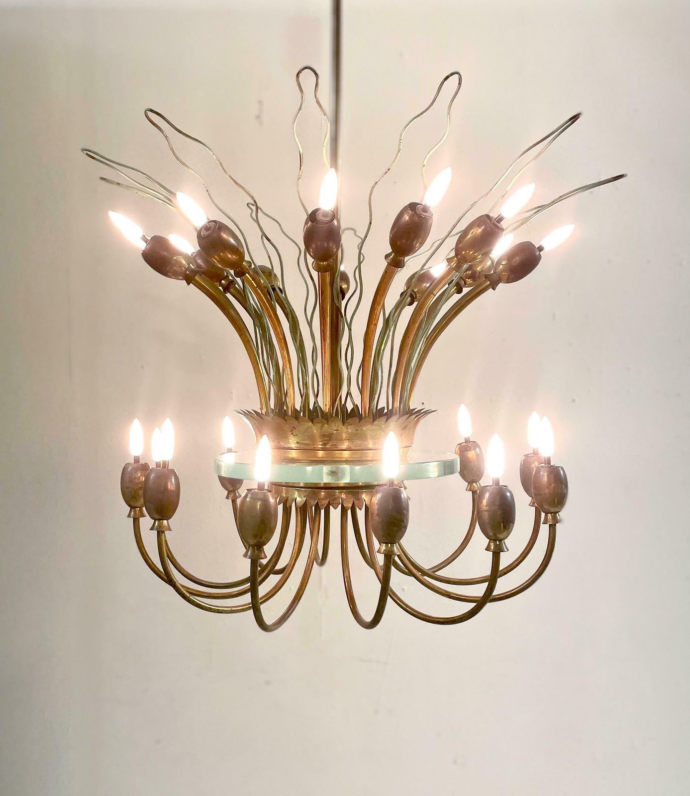 Mid Century Modern Italian Chandelier, Metal Brass And Glass, Italy, 1950s photo Lighting