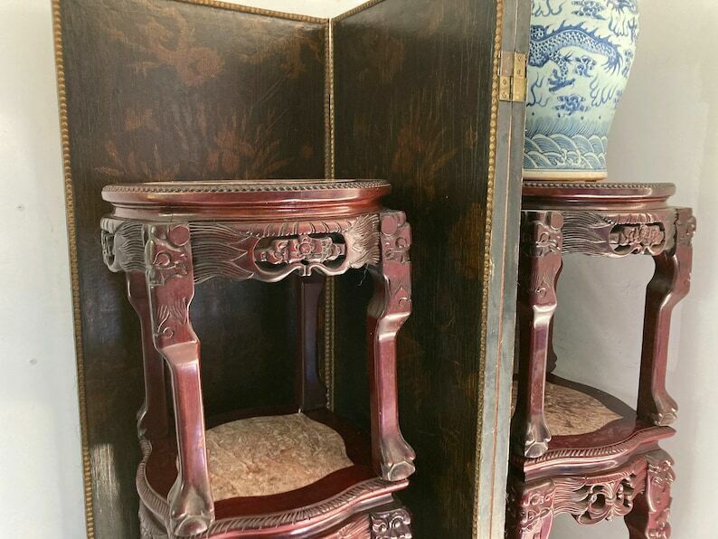 Chinese Pair Side Tables | 2pcs Plant Stands | Red Marble And Lacquer | Carved Wood photo vinterior